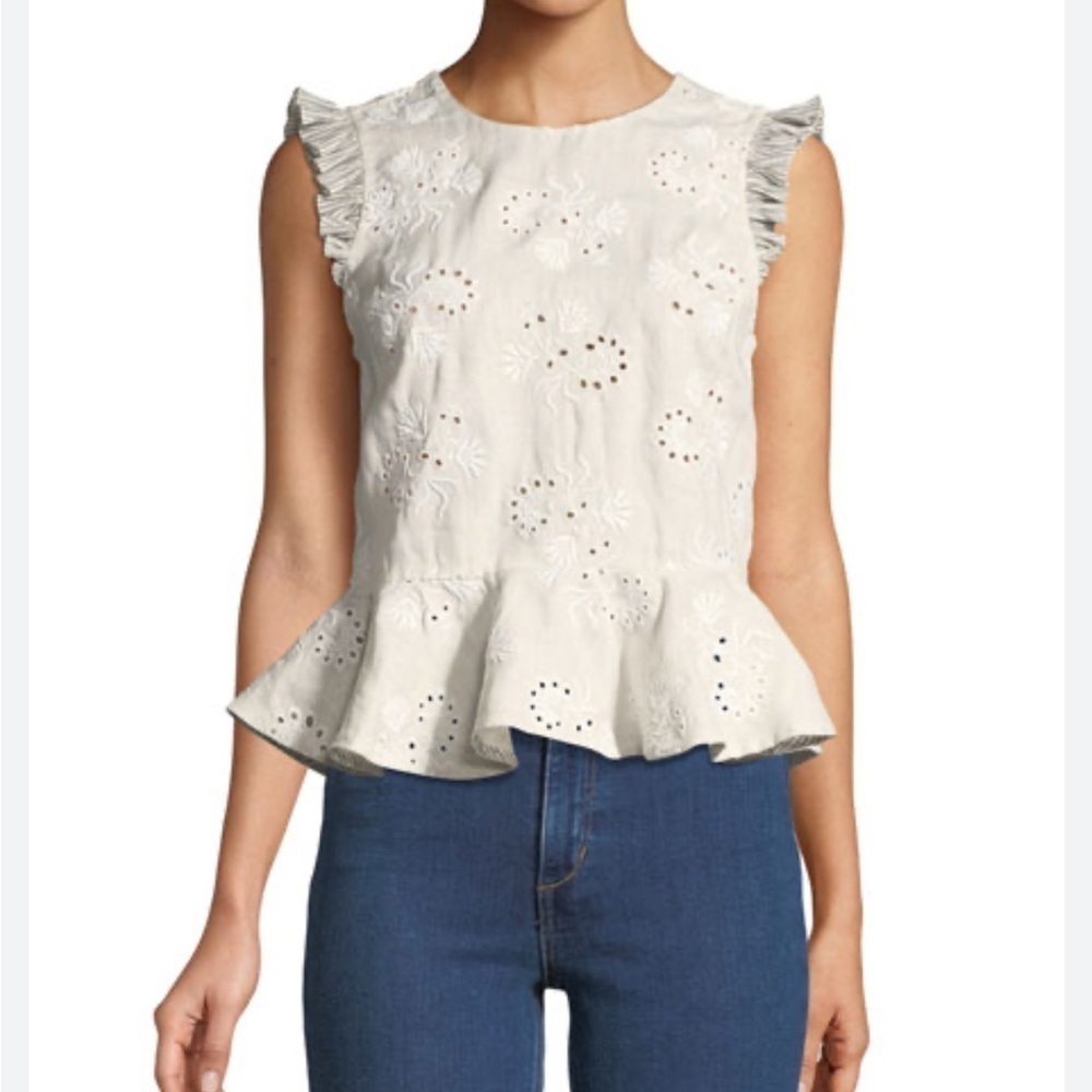 Rebecca Taylor Garden Eyelet Peplum Linen Top Sleeveless Floral Embroidered